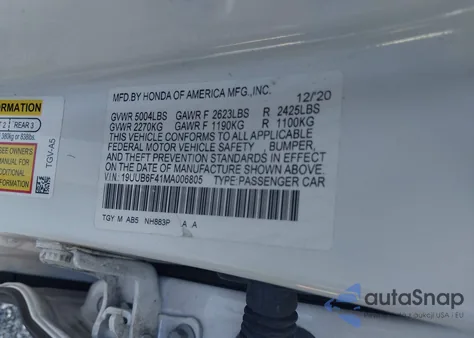 2021 Acura Tlx Technology Package z USA, uszkodzony, nr VIN 19UUB6F41MA006805